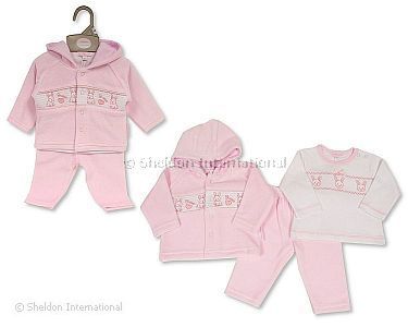 3 pcs ensemble bébé fille avec smocks et capuche - Doux - Grossiste et Fournisseur